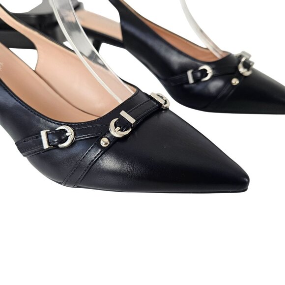 Womens Formal Black Slingback Pointed Toe Kitten Heels Buckle Detail Size 7.5" - Picture 3 of 10